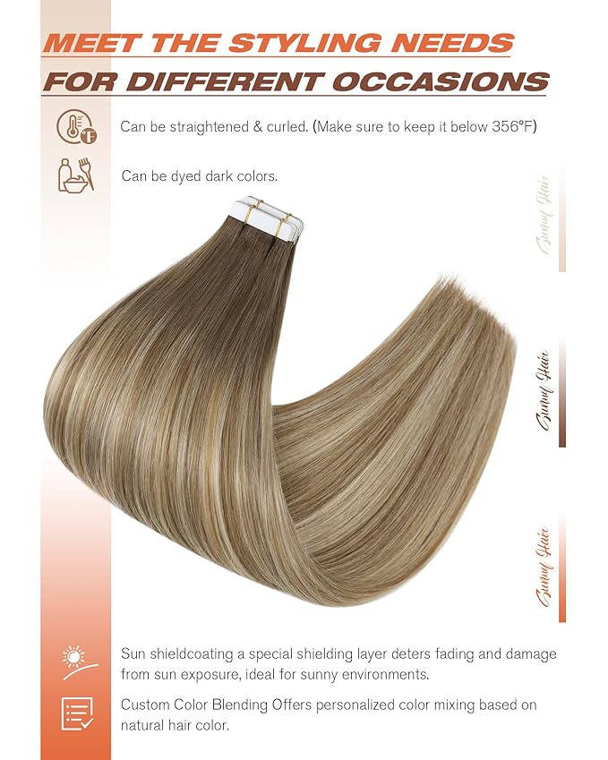 Sunny Hair Tape in Hair Extensions Human Hair, Human Hair Tape in Extensions Light Brown Balayage Blonde Hair Extensions Real Human Hair Tape in 16Inch 50g