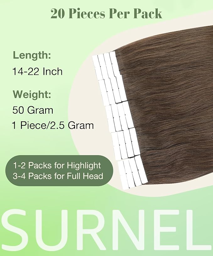 SURNEL Tape in Hair Extensions Human Hair 16 inch Tape in Extensions Color 4 Medium Brown Remy Tape Hair Extensions 20 pcs 50g(#4-16)