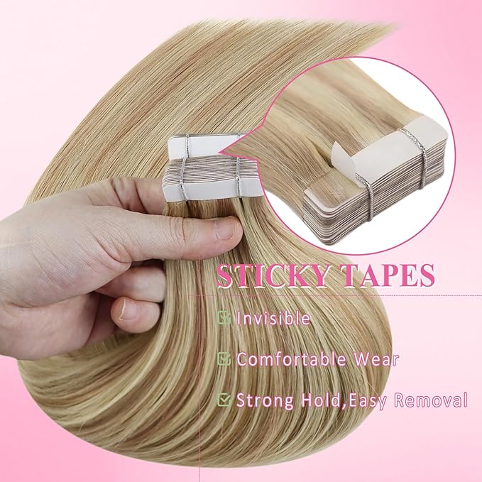 YoungSee Tape in Human Hair Extensions Blonde Highlight Tape in Extensions Light Blonde Highlighted Strawberry Invisible Tape-on Hair Extensions Silky Straight 18 Inch 20pcs 50g Easy to Put