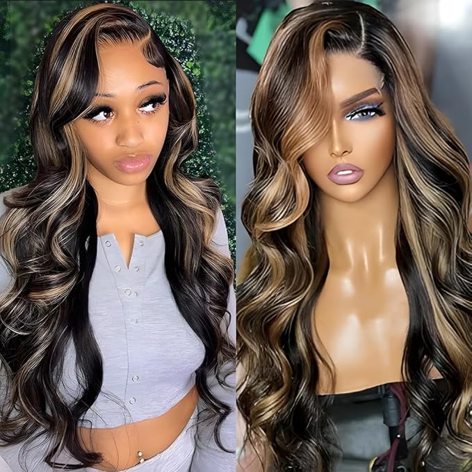 32 Inch Balayage Highlight Lace Front Wig Human Hair FB/27 Body Wave Lace Front Wigs Human Hair 13x6 HD Lace Glueless Wig for Black Women 180% Density Honey Blonde Balayage Wig Human Hair