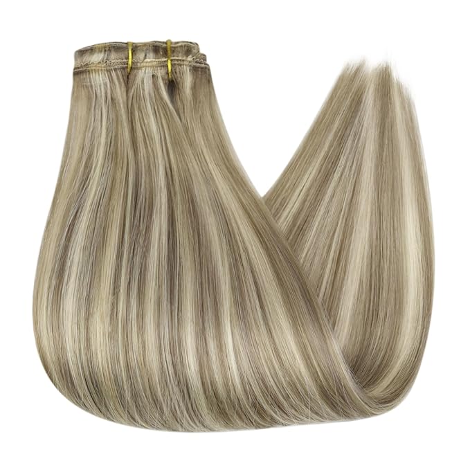 Full Shine Blonde Extensions Clip in 16 Inch Clip in Hair Extensions Real Human Hair Lace Weft Brown and Blonde Highlight Hair for Thin Hair 3 PCS 60 Grams