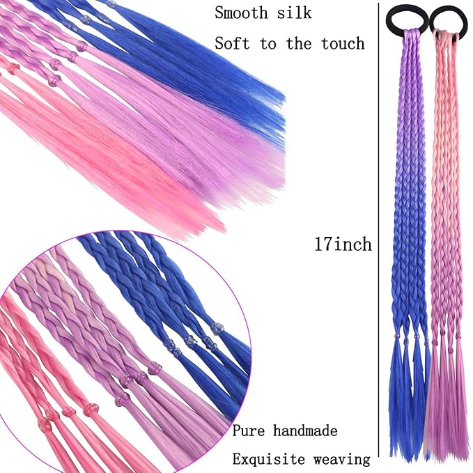 Colored Braids Hair Extensions with Rubber Bands Rainbow Braided Synthetic Hairpieces Ponytail Hair Accessories for Women Kids Girls Party Highlights Cosplay Dress Up (12PCS C Style)