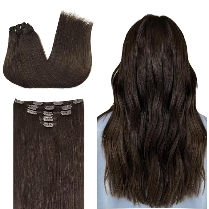 DOORES Hair Extensions Clip in Human Hair, 75g 5pcs Light Dark Brown 16 Inch Real Clip in Human Hair Extensions Remy Natural Hair Extensions Straight