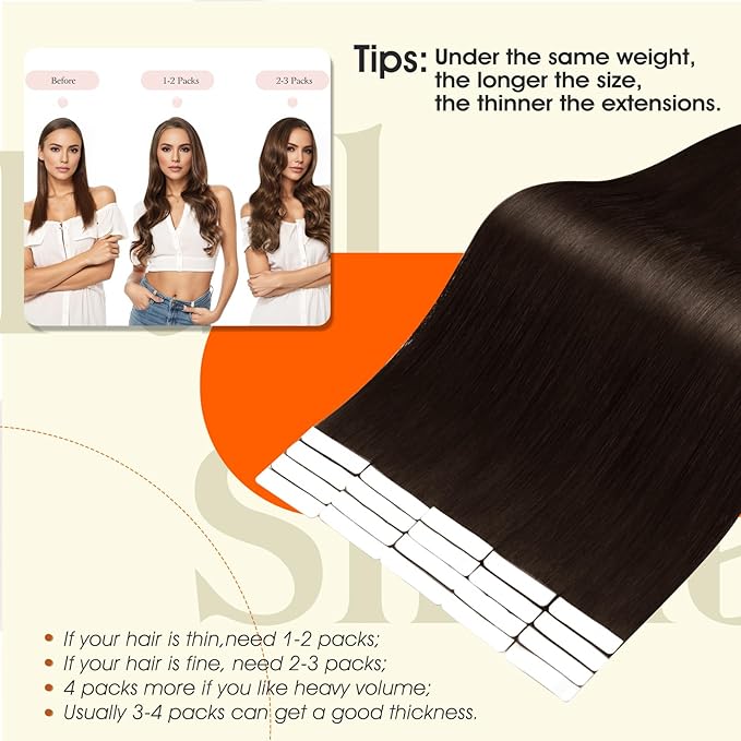 Full Shine Injection Tape in Hair Extensions Color 2 Dark Brown Tape in Extensions Human Hair Remy Seamless Skin Weft Injected Extension for Women 14Inch 40Gram Natural Straight 20Pcs