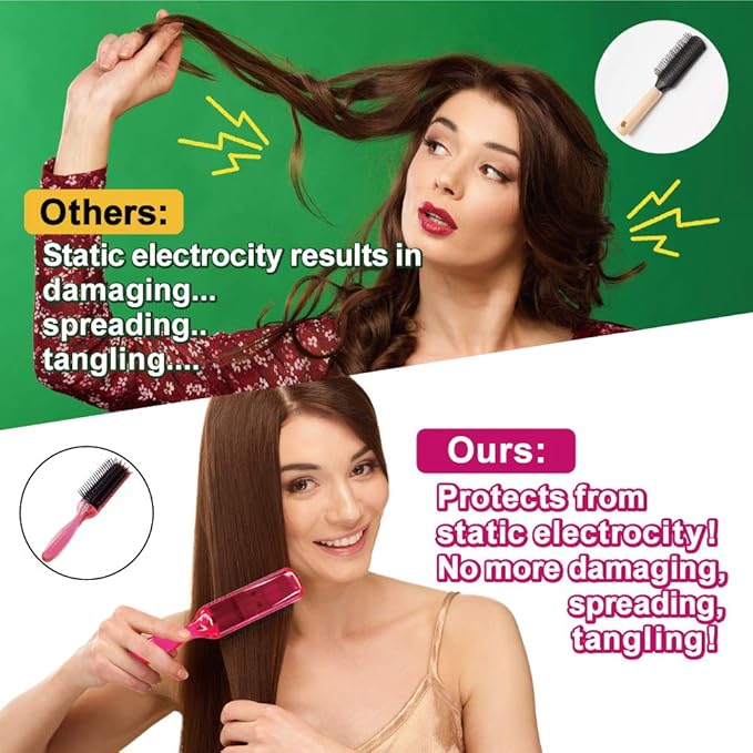 BS Anti Static Hairbrush [Made in Japan] 7 Row Curly Hair Brush for Styling, Blow-Drying, and Detangling, Static Free Hair Brushes for Women (Pink)