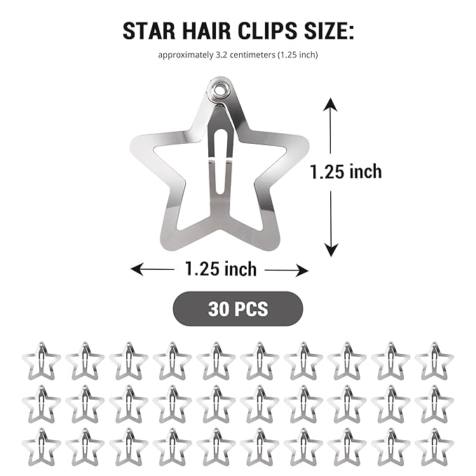 30 Pcs Metal Star Hair Clips 2000s Y2K Snap Barrettes 1.25 In Non Slip Star Hair Accessories for Women,Silver