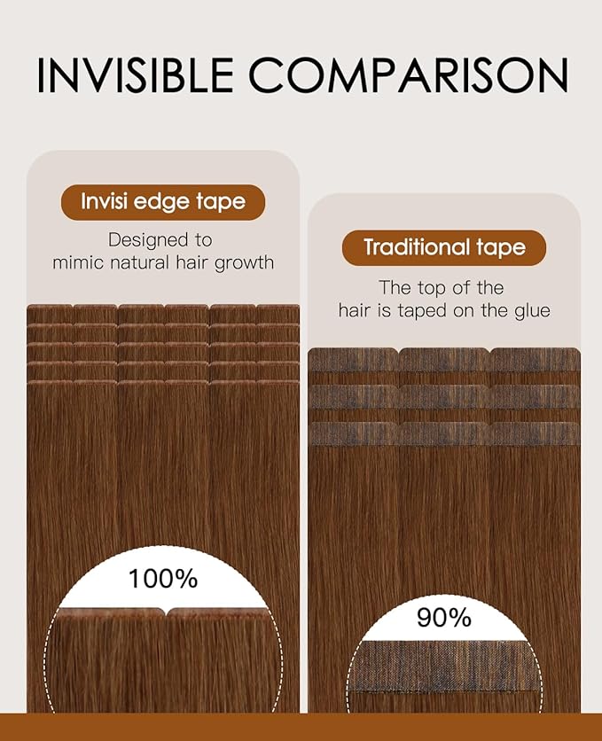 VINBAO 60g Invisible Tape in Hair Extensions Copper Seamless Invisi Edge Tape in Hair Extensions Auburn Ginger 22in 20pcs Injected Tape 22inch #33