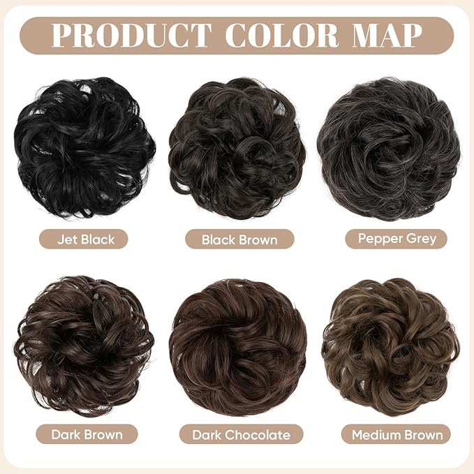 SARLA 2PCS Messy Hair Bun Hair Pieces Wavy Curly Synthetic Updo Fake Scrunchies Ponytail Extension for Women Dark Chocolate
