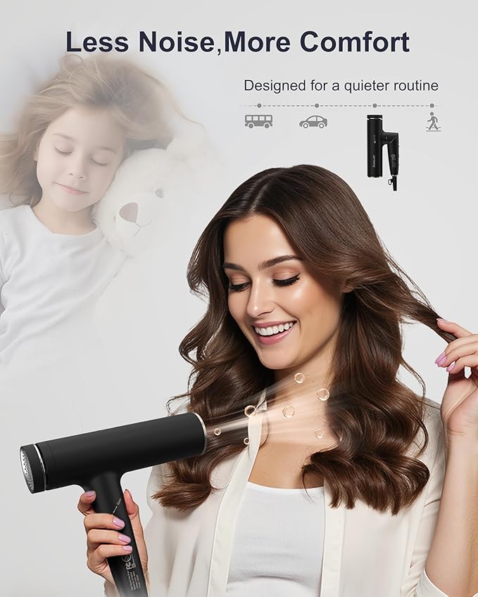 Foldable Hair Dryer with Diffuser, 110,000 RPM Professional High Speed Blow Dryer with Plasma Ion, 6.5Ft ALCI Cord, Concentrator & Diffuser for Men and Women, Lightweight for Travel/Home