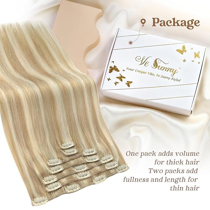 Ve Sunny Blonde Clip in Hair Extensions Real Human Hair Highlighted Clip in Human Hair Extensions Highlight Caramel Blonde with Platinum Blonde Human Hair Extensions Clip ins 120g 16 Inch 7pcs