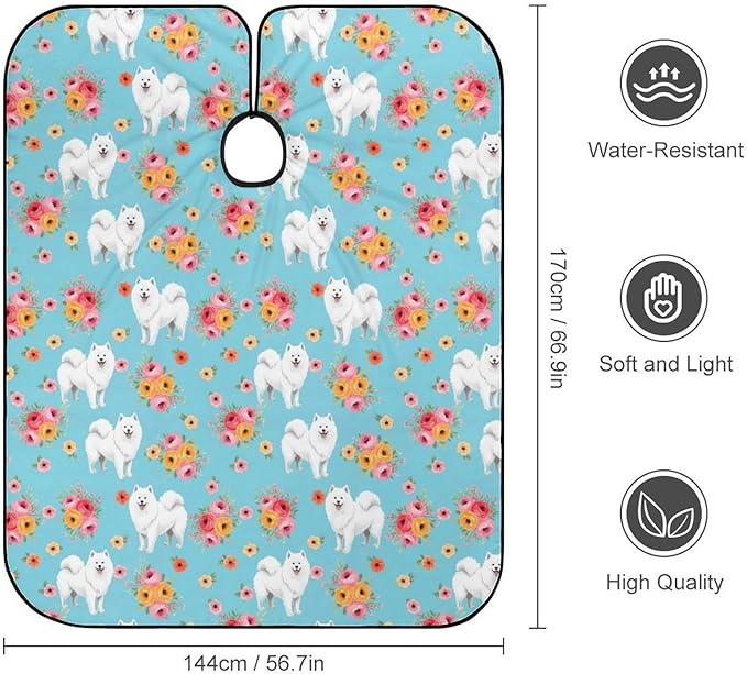 Extra Long Professional Salon Cape, Samoyed Dogs Floral Dog Dyeing Salon Apron Haircut Cloth Wrap Protector for Hair Cutting
