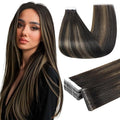 Full Shine Tape in Hair Extensions Human Hair 16 Inch Color Brown Ombre with Shadow Roots 2/8/2 Invisible Tape in Extensions Double Sided Machine Remy Hair Extension Tape ins 20Pcs 50Grams for Women