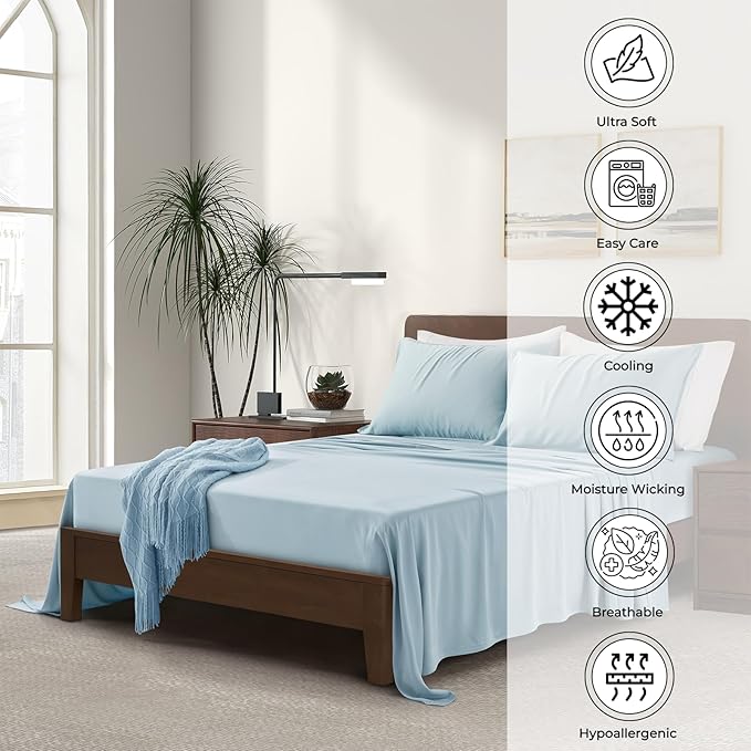 Luxury Bamboo Market |King Envelope Pillowcase Set | 100% Viscose Made from Bamboo | Organically Grown | Ultra Soft | Cooling | 2pcs [Spa Blue]