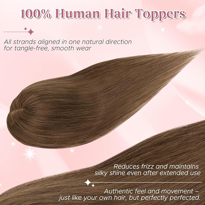 Real Human Hair Toppers for Women 3.54"*4.72" Silky Base 150% Density No Bangs Adjustable Parting Clip-In Topper Hairpieces for Women with Thinning Hair 10 Inches Medium Brown