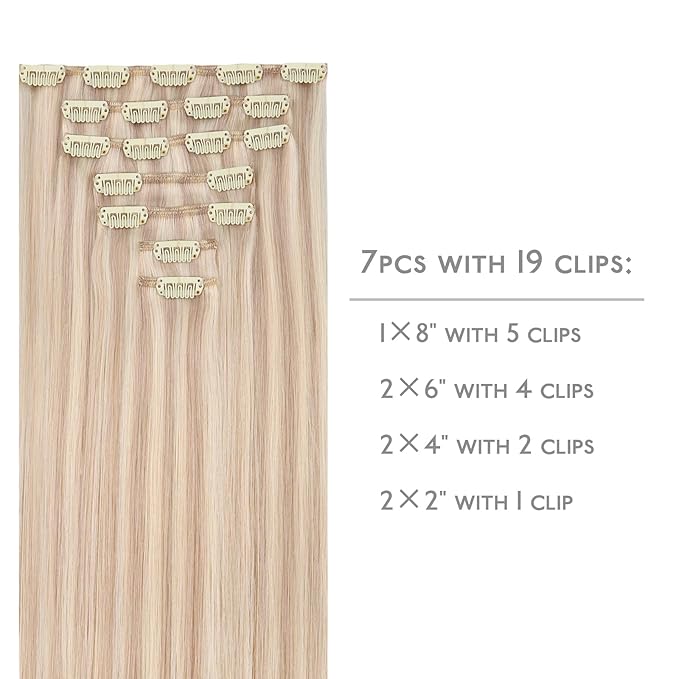WENNALIFE Clip in Hair Extensions Real Human Hair, 18 Inch 120g 7pcs Balayage Light Wheat Platinum Blonde Remy Hair Straight Natural Extensiones De Cabello Humano Con Clip Ins