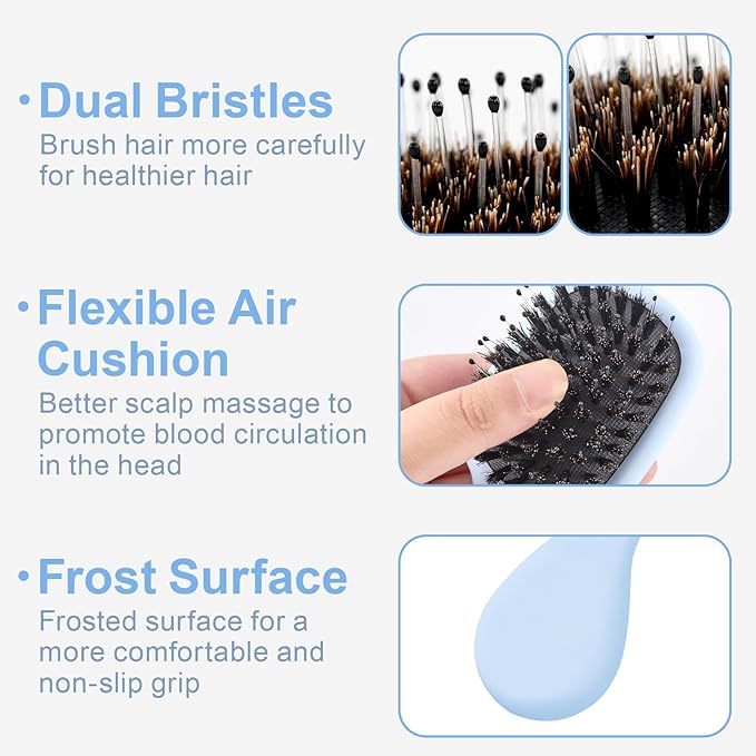 Mini Boar Bristles Hair Bursh, Travel Size Hair Brush for Women Men Kids, Protable Small Hair Brush for Pockets Purses, Mini Detangler Brush for Smooth Add Shine(Blue)
