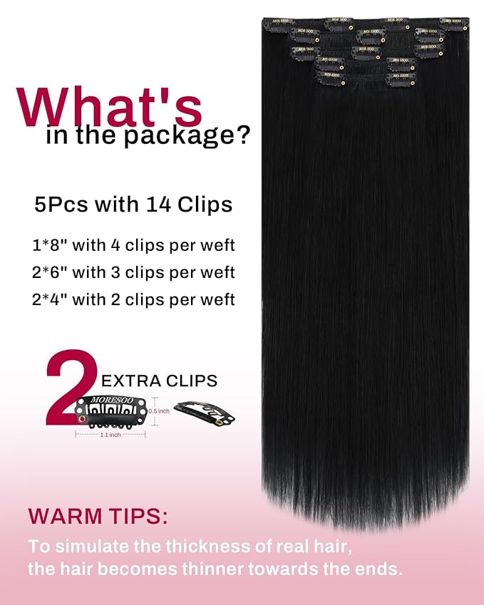 Moresoo Jet Black Clip in Hair Extensions Human Hair 18 inch Black Hair Extensions Clip in Human Hair Remy for Women Long And Straight 80g/5pcs