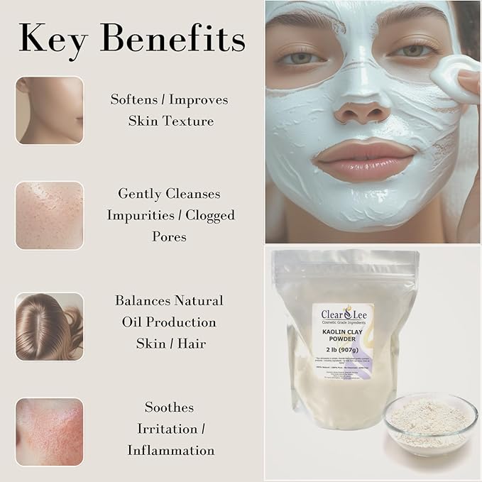 ClearLee Kaolin Clay Cosmetic Grade Powder - 100% Pure Natural Powder - Great For Skin Detox, Rejuvenation, and More - Heal Damaged Skin - DIY Clay Face Mask (1 LB)
