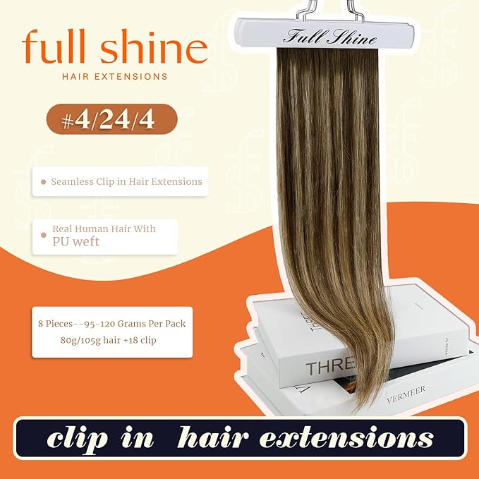Full Shine Human Hair Clip in Extensions Brown Balayage Seamless Clip in Hair Extensions Human Hair Medium Brown with Honey Blonde Highlights Natural Seamless Look 18 Inch 8 Pcs 120 G