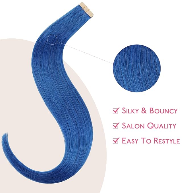 Wennalife Tape in Hair Extensions Human Hair Blue Tape in Extensions, 10pcs 20g 10 inch Remy Invisible Tape Ins Straight Colored Soft Real Human Hair Tape in Extensions Refill Set Extensions