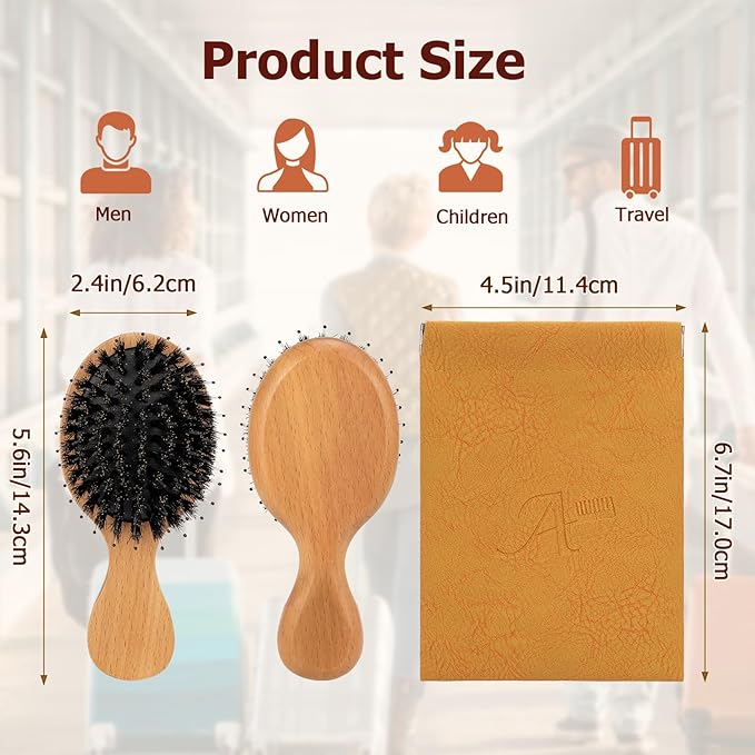 Travel Hair Brush, 3-Pack Mini Boar Bristle Hair Brush for Women - Small Portable Compact HairBrush for Girls Kids Women Best Gift, Travel Size for Purse, Vacation, Business Trips & Outings