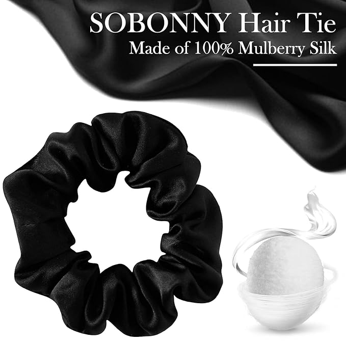Black Silk Scrunchies for Women 100% Mulberry Silk Hair Ties for Night Sleep Scrunchies for Girls No Damage & Frizz Prevention for Hair Hair Accessories-3pack