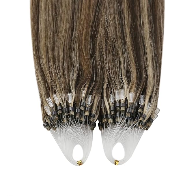YoungSee Microlink Hair Extensions Human Hair Brown Highlight Micro Bead Hair Extensions Real Human Hair Dark Brown Highlight Caramel Blonde Beaded Hair Extension Short Hair Extension 14 Inch 50g 50s