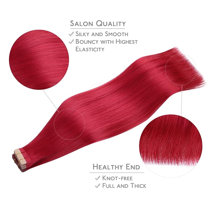 WENNALIFE Tape in Hair Extensions Human Hair, 20pcs 30g 10 inch Red Remy Hair Extensions Straight Human Hair Tape in Extensions Skin Weft Tape Extensions Human Hair