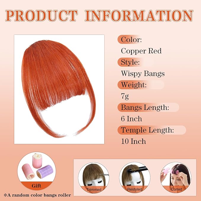 NAYOO Bangs Hair Clip in Bangs 100% Real Human Hair Extensions Wispy Bangs Clip on Air Bangs for Women Hairpieces Curved Bangs (Copper Red, Wispy Bangs)