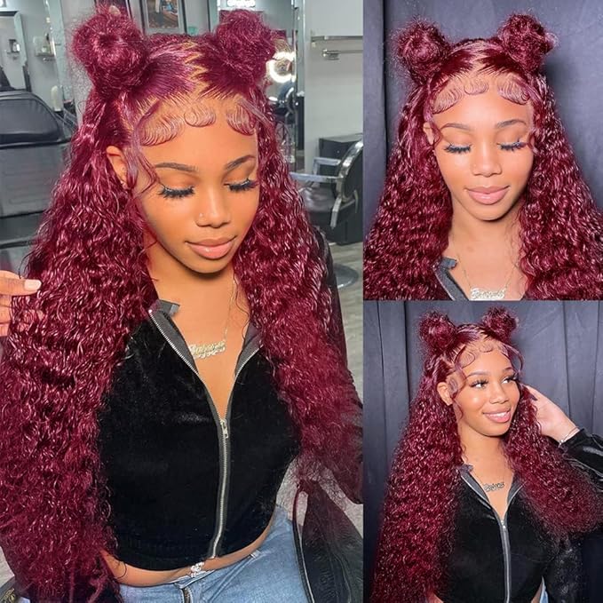 250 Density Hidden Strap 360 Full Lace Front Wigs Human Hair Pre Plucked Bleached Konts Pre Cut Lace Deep Wave HD Lace Frontal Wig with Drawstring Burgundy Wig Human Hair 360 Glueless Wigs(18inch)