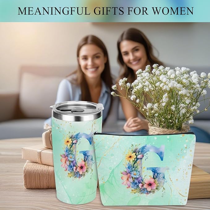 Personalized Gifts Monogrammed Birthday Gifts for Women, Mentor Employee Boss Day Christmas Initial 20 oz Tumbler, Makeup Bag Cup Ballpoint Pens Journal Notebook 6 Set, (Aesthetic Green Flower G)