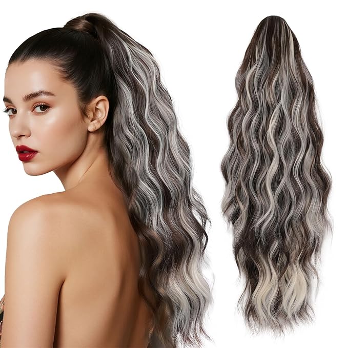 Claw Wavy Ponytail Extension 18 Inch for Women Curly Pony Tail Clip in Hair Extensions Fluffy Natural Looking Synthetic Hairpiece for Daily Use (Ash Brown with Platinum Blonde)