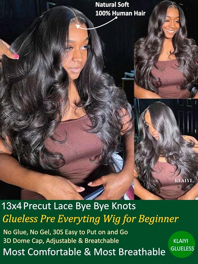 KLAIYI Wear And Go Glueless Wig Bye Bye Knots 13x4Precut Lace Front Wigs Human Hair Loose Body Wave Wig Pre Bleached Pre Everything Pre Plucked with Baby Hair 3S Ready to Wear Beginner Friendly 26Inch