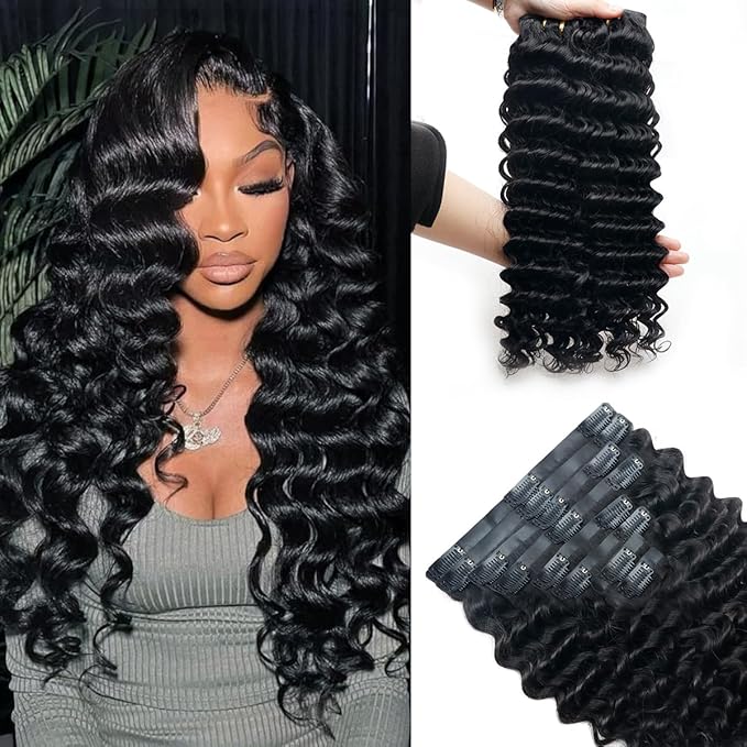 Deep Wave Clip in Hair Extensions Real Human Hair 2 Pack 240g Seamless Clip in Hair Extensions for Women Full Max with 18Pcs PU Thin Weft 18inch Natural Black
