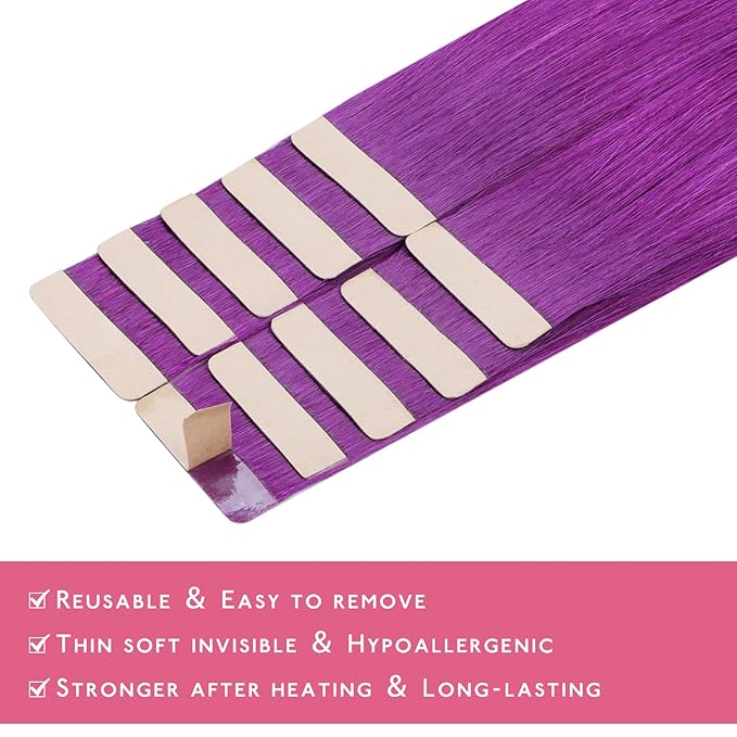WENNALIFE Tape in Hair Extensions Human Hair Purple Tape in Extensions, 10pcs 20g 12 inch Remy Invisible Tape Ins Straight Colored Soft Real Human Hair Tape in Extensions Refill Set Extensions
