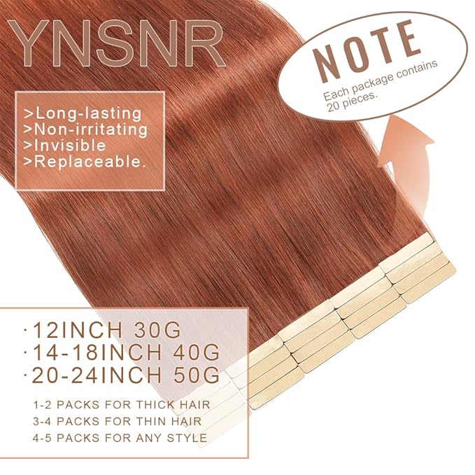 Dark Reddish Auburn Tape in Hair Extensions Real Human Hair 24 Inch Tape for Skin Weft Hair Extension Invisible Tape in Hair Extensions Straight Remy Human Hair for Women 20pcs