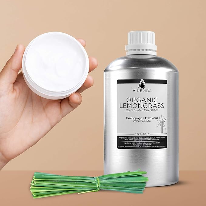VINEVIDA Organic Lemongrass Essential Oil - Gallon Organic Lemongrass Oil Undiluted - Bulk Gallon Essential Oil for Soap Making Safe for Skin - DIY Candle Scents for Candlemaking Scents - 8 lbs