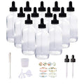 12 Pack 4oz Clear Glass Bottles with Glass Eye Droppers for Essential Oils, Perfumes & Lab Chemicals (1 Brush, 2 Funnels, 2 Extra Droppers, 24 Pieces Labels & 30ml Measuring Cup Included)