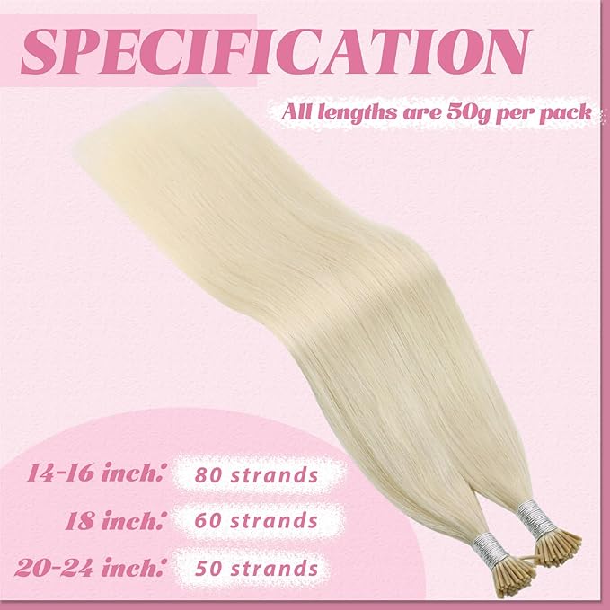 YoungSee I Tip Hair Extensions Blonde I Tips Hair Extensions Real Human Hair Platinum Blonde 22 Inch 50g I-Tips Hair Extention Natural Look 50s Cold Fusion Hair Extension