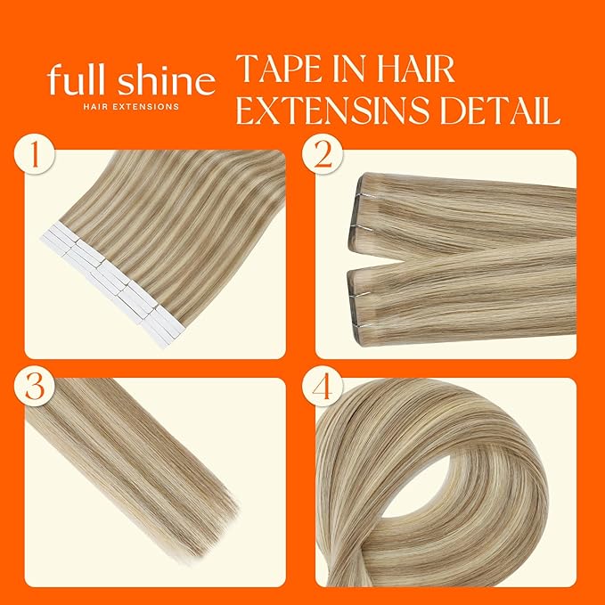 Full Shine Injection Tape in Hair Extensions Human Hair Color 16 Golden Blonde Highlight 22 Medium Blonde Seamless Skin Weft Tape in Extensions 24 Inch Add Length 50 Grams for Weeding 20 Pcs