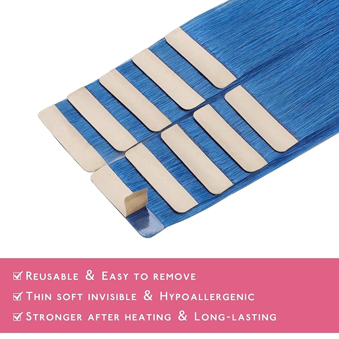 WENNALIFE Tape in Hair Extensions Human Hair Blue Tape in Extensions, 10pcs 25g 16 inch Remy Invisible Tape Ins Straight Colored Soft Real Human Hair Tape in Extensions Refill Set Extensions