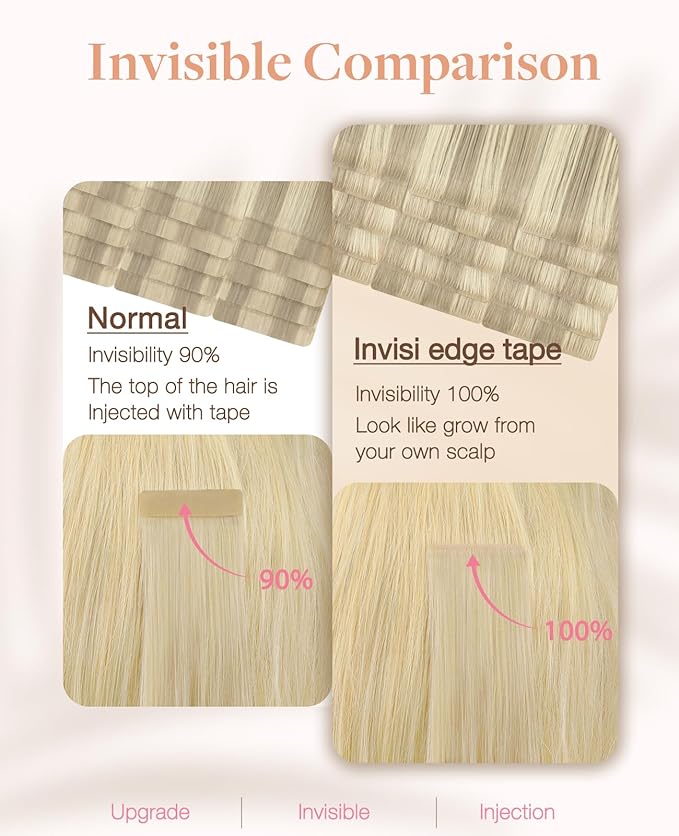 GOO GOO Invisi Edge Tape in Hair Extensions Human Hair, 17A/60A Ash Blonde Highlighted Platinum Blonde, 20pcs 16inch 50g, Virgin Remy Hair, Seamless Injected Tape, Natural Look