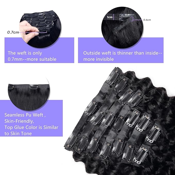 Seamless Clip in Hair Extensions Human Hair Deep Wave Clip ins for Black Women 8Pcs Brazilian Virgin Human Hair Clip in Extensions PU Skin Weft 18Clips 120g 18inch Natural Black