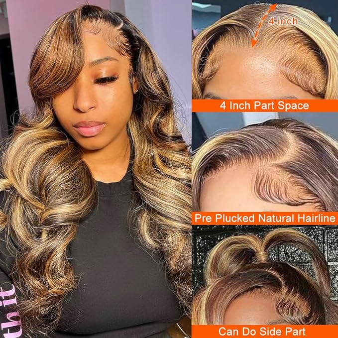 Highlight Ombre Lace Front Wig Human Hair Pre Plucked 13x4 HD Transparent 4/27 Colored Honey Blonde Lace Frontal Wigs For Women with Baby Hair 200% Density Body Wave Lace Front Wig 20 Inch