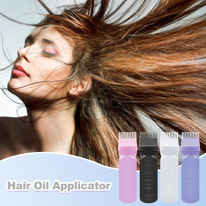 ELANE 4 Pack Root Comb Applicator Bottle,Hair Oiling applicator,Oil Comb Applicator,Hair Bottle Applicator for Hair Dye Shampoos Hair Salons. (Black+white+purple+pink)