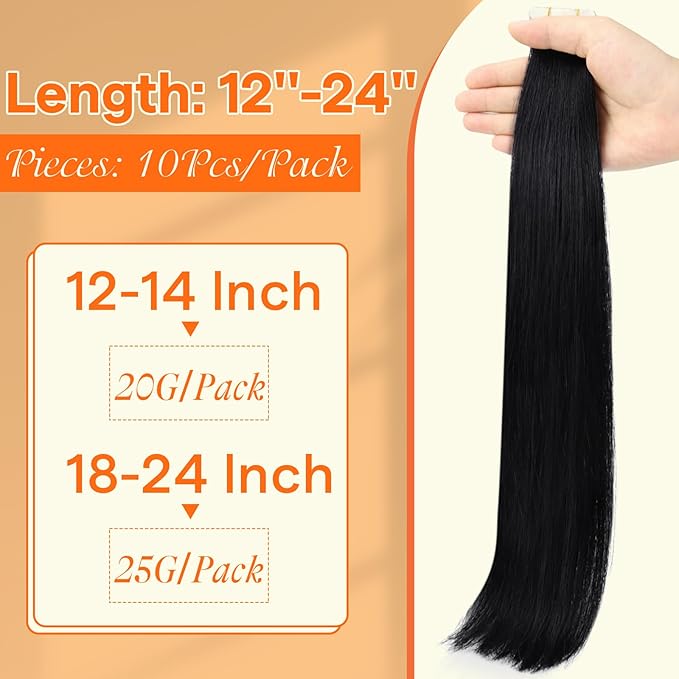 Full Shine Injection Tape in Hair Extensions Human Hair Color Black Machine Virgin Human Hair Extensions Tape ins 20Inch Seamless Skin Weft Tape in Extensions 25Gram 10Pcs for Wedding