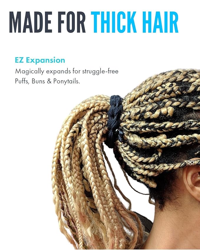 Bunzee Bands Large Adjustable Hair Ties for Thick, Thin, Curly, & Natural Types | No Damage Ponytail Holders for Braids, Locs, Puffs, Buns | Elastic Hairband Accessories for Women | Black (Set of 2)