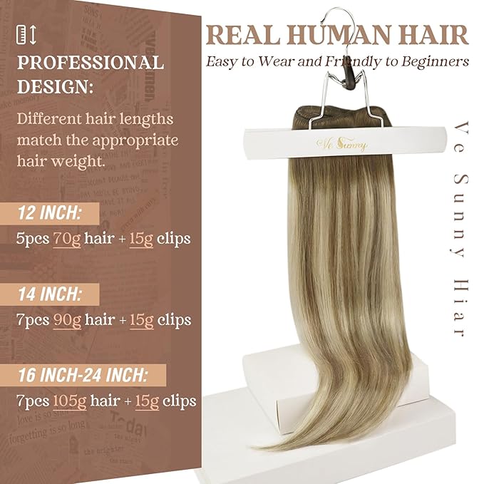 Ve Sunny Clip in Hair Extensions 22inch Real Hair Clip in Extensions Ombre Human Hair Extensions Clip ins Dark Brown to Light Brown with Blonde Balayage Winter Clip on Hair Extensions 120g 7pcs