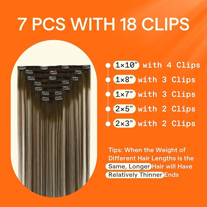 Full Shine Human Hair Clip in Extensions Brown Balayage Remy Hair Extensions Balayage Brown to Blonde Ombre Clip in Hair Extensions 16 Inch 7 Pcs 120 G