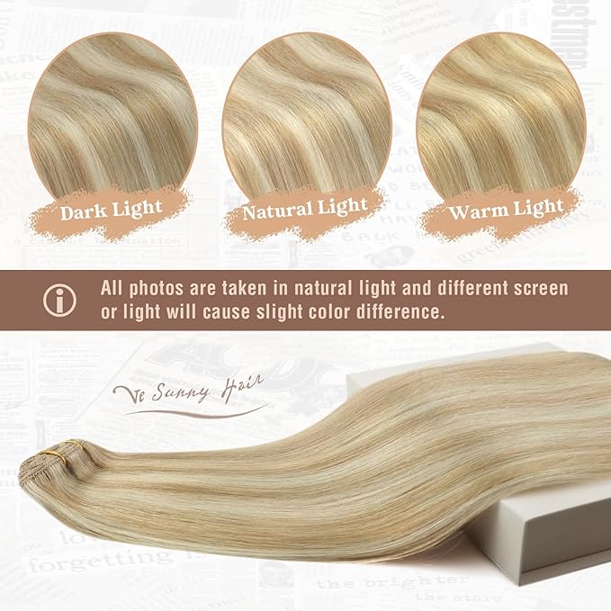 Ve Sunny Blonde Clip in Hair Extensions Human Hair Clip in Extensions Highlight Caramel Blonde with Platinum Blonde Real Hair Extensions Clip in Human Hair Any Occasion 120g 24 Inch